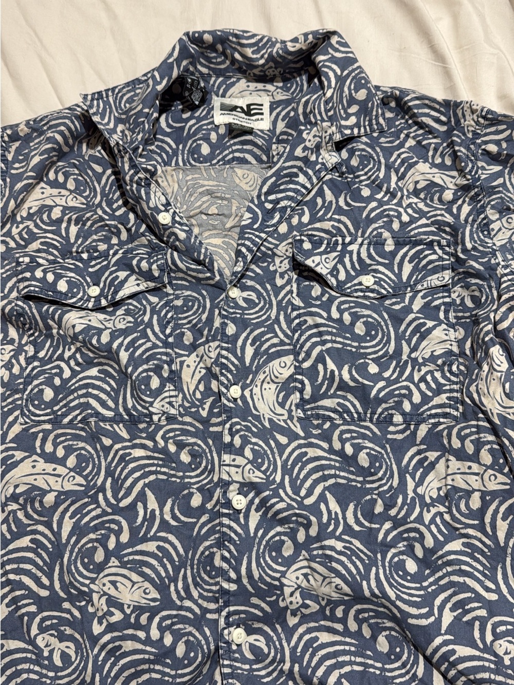 American Eagle Outfitters Blue and White Printed Button-Down Shirt